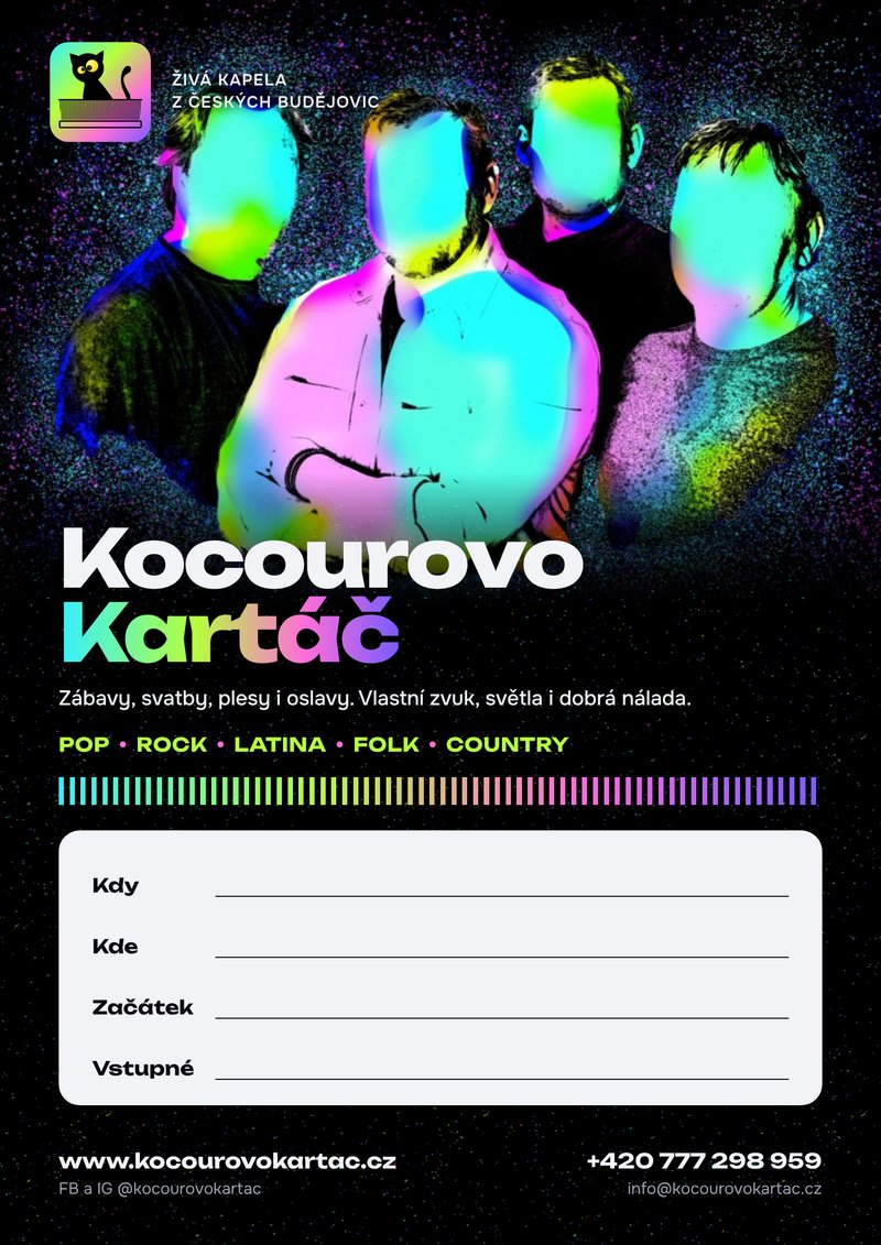 Univerzální plakát kapely Kocourovo Kartáč s místem pro datum, místo, začátek a vstupné